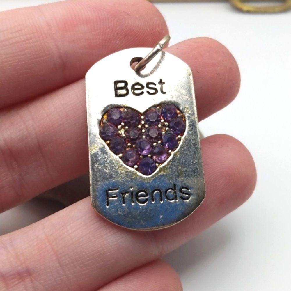 Best friends dog tag barbie pink crystal heart necklace‎ pendant 💗